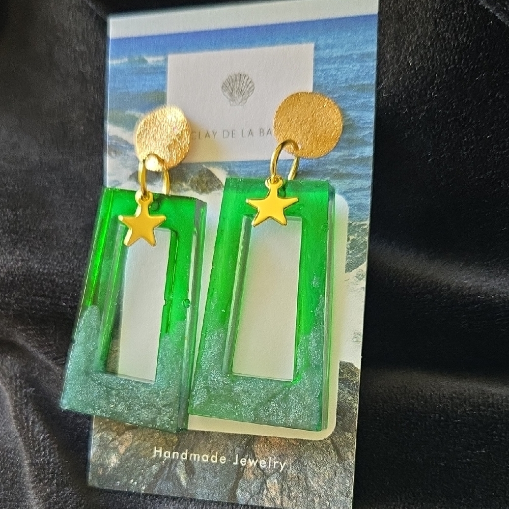 Green and Gold Star Earrings